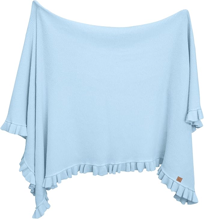 Ruffle Knit Blanket for Baby - 100% Luxury Soft Cotton Knit Warm Cozy Cuddle Stroller Crib Blanket for Newborns, Infants, & Toddlers (Baby Blue)