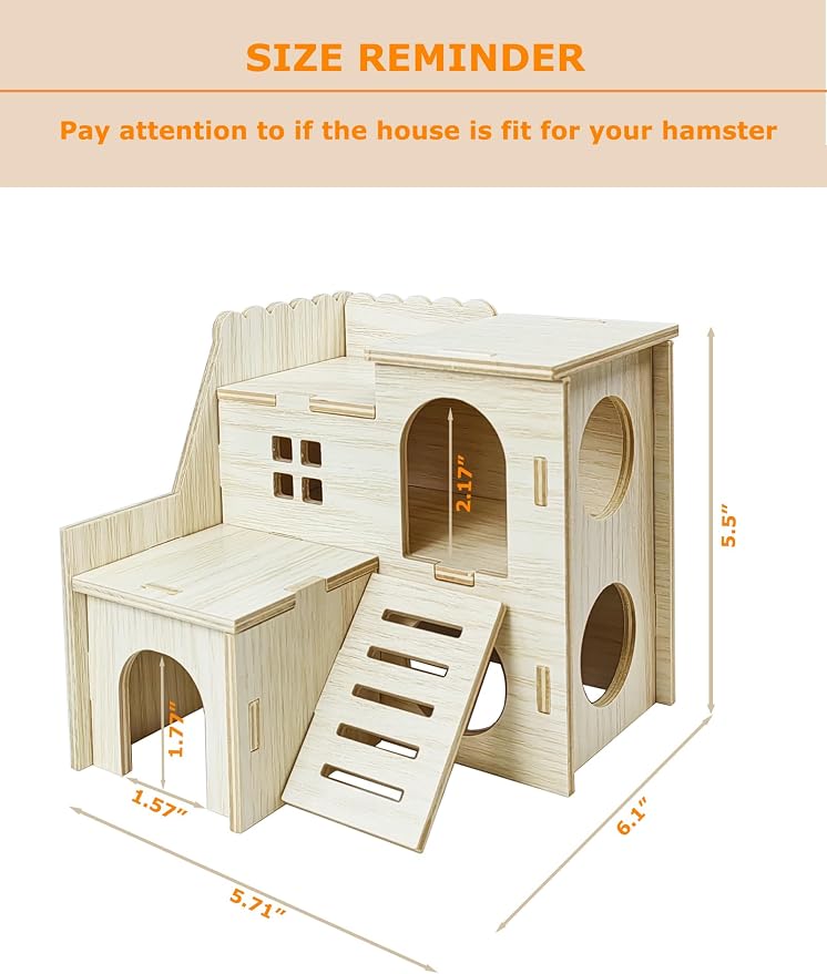 Hamster Hideout Cage Accessories - Hamster House and Habitat Wooden Hide Hut with Climbing Ladder for Dwarf Gerbils and Mouse Mice Rat Other Small Animals etc.