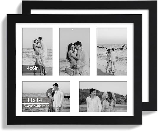 11x14 Picture Frame Set of 2, Black Wood Frame with Real Glass Collage Picture Frames, Display Pictures Five 4x6 With Mat or 11 x 14 Without Mat, Photo Frames Wall Gallery