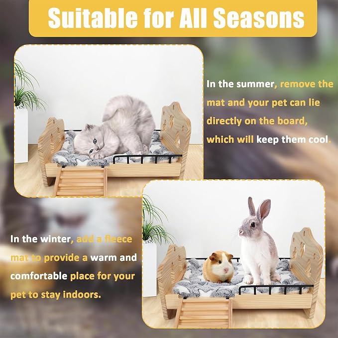 Wooden Bunny Bed 2 in 1 Rabbit Guinea Pig Bed Small Animal Bed with Stairs | With Detachable Stairs Washable Reversible Mat Guinea Pig Toys for Bunnies Chinchillas Hamster Ferret Small Rabbits Bunny