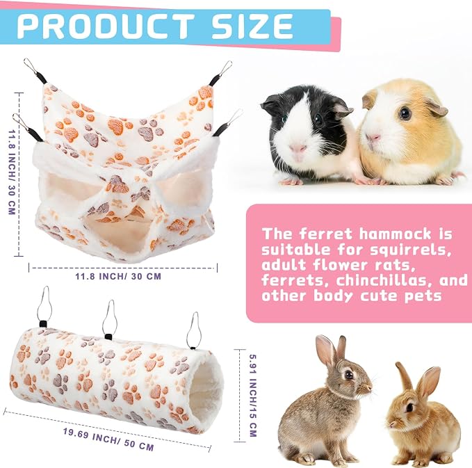 Sweetude 6 Pcs Hammock Tunnel Set for Small Pets,Cute,Paw | 3 Tier Hanging Hideout, Guinea Pig Hamster Chinchilla Ferret, Soft Plush Cage Accessories for Sleep Play and Rest