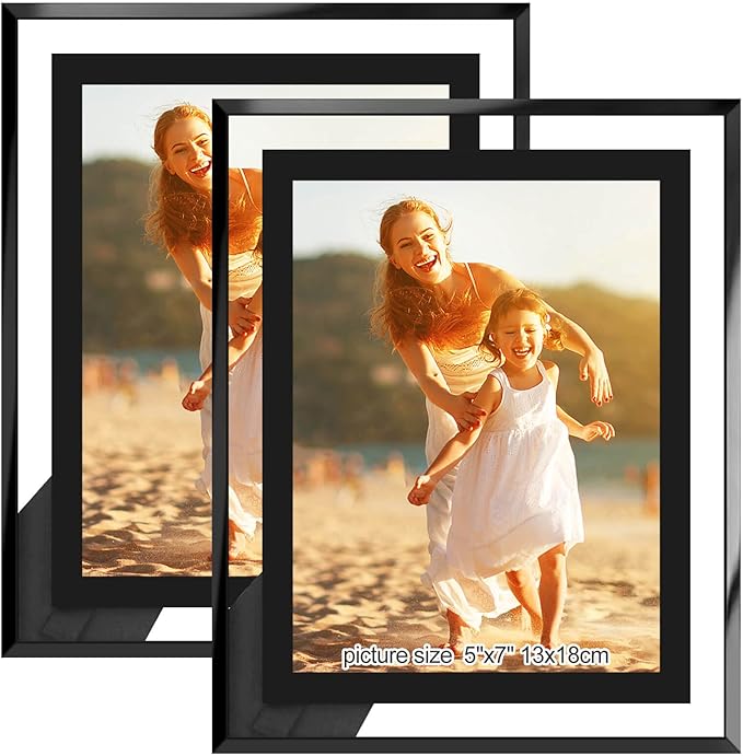 5x7 Picture Frames Black - Set of 2, HD Real Glass 5 by 7 Photo Frame for Tabletop Display, Wedding Birthday Christmas Day Gifts (5 x 7, Black)