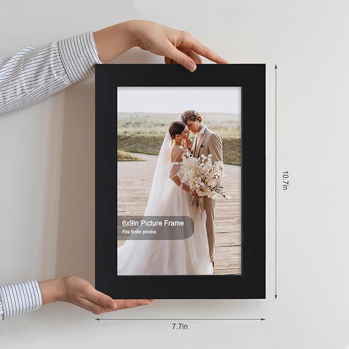 6x9 Picture Frame Set of 4, Made of Real Glass and Black Wooden Frame - 6 by 9 Photo for Wall or Tabletop Display