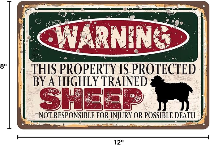 Vintage Sheep Metal Sign Wall decor | Warning this property is protected by a highly trained Sheep Sign Funny Tin Signs 12x8 Inch