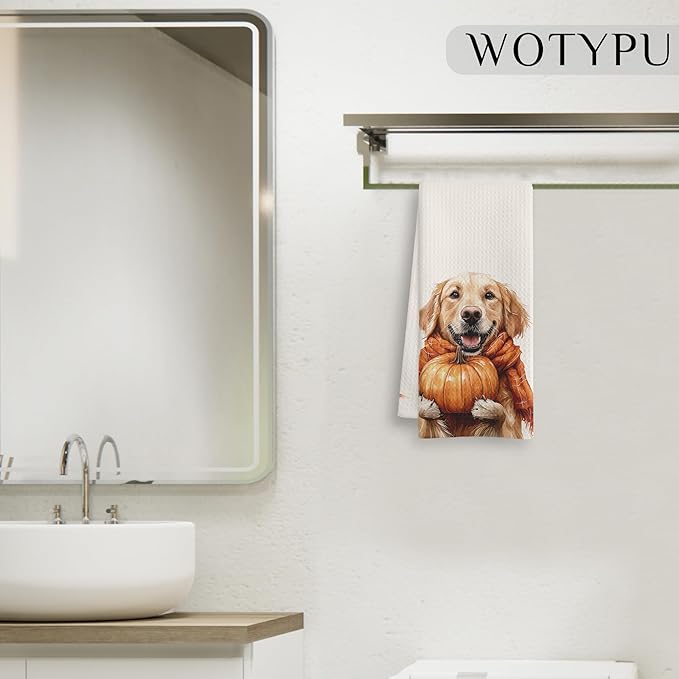 Fall Golden Retriever Gift Kitchen Towels, Golden Retriever Lovers Gifts, Farmhouse Fall Autumn Maple Leaf Dog Decorative Dish Hand Tea Towels for Bathroom Kitchen, 16x24 Inch