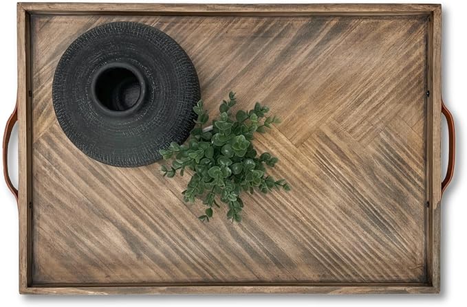 Medium Ottoman Wood Serving Tray- with Leather Handle Decorative Wooden 24 * 16 * 1.5 Inches Square Serving Tray Best for Coffee Table, Living Room and Kitchen