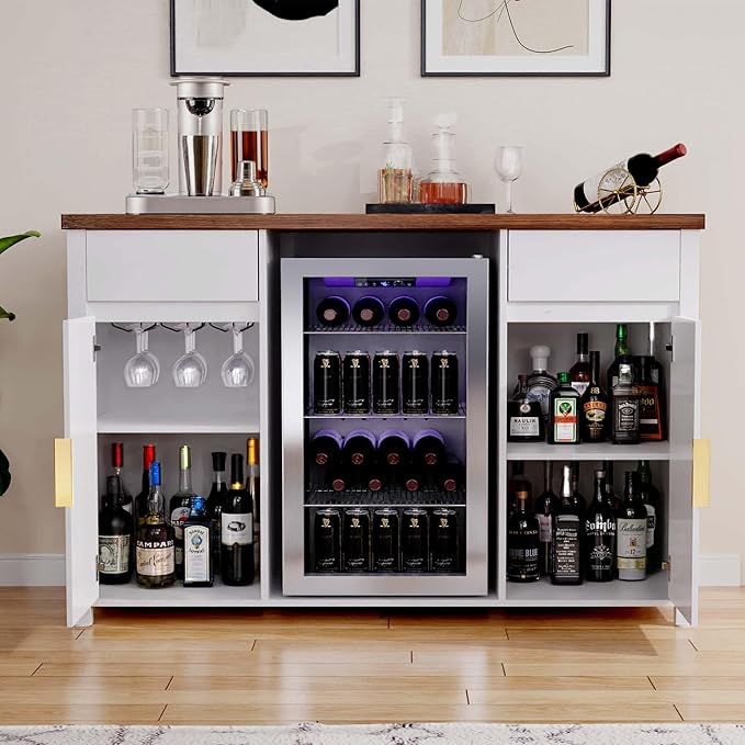 GDLF Large Coffee Bar Cabinet with Fridge Space, Mini Fridge Cabinet with Wine Storage, Buffet Sideboard Table for Home, Fluted Modern Design,53.2" L，White