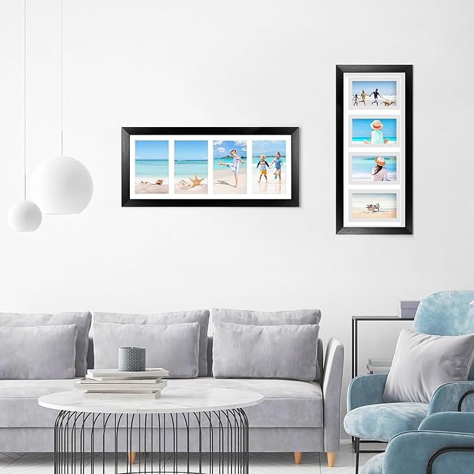 7x17 Collage frame with 4 Openings 4X6 Pictures, Multiple Picture Frame with Mat, Wall or Tabletop Decor, Black Wood Grain,2 Pack