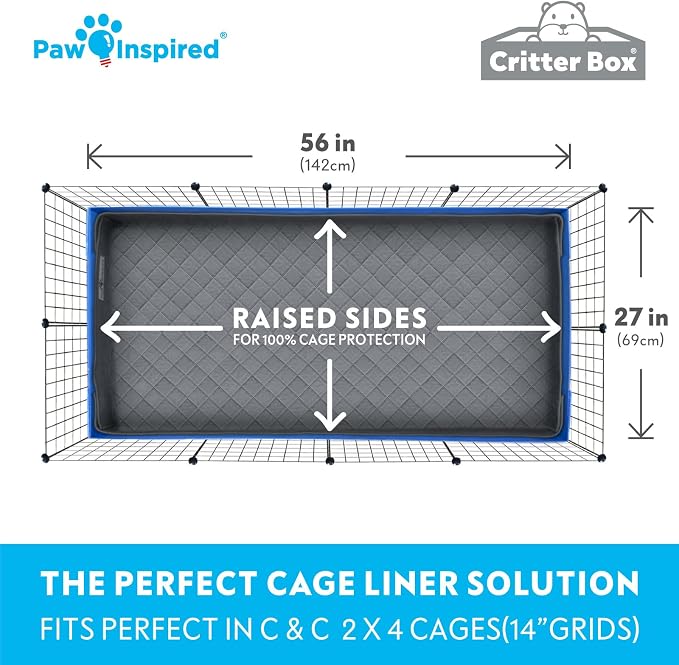 Paw Inspired Reversible Critter Box, C&C 2x4 (14-Inch Grids), Gray/Pink | Washable Fleece Cage Liner, Raised Sides, Bedding for Guinea Pigs Rabbits, Hamsters, Small Animals, Edge Protected Pee Pads
