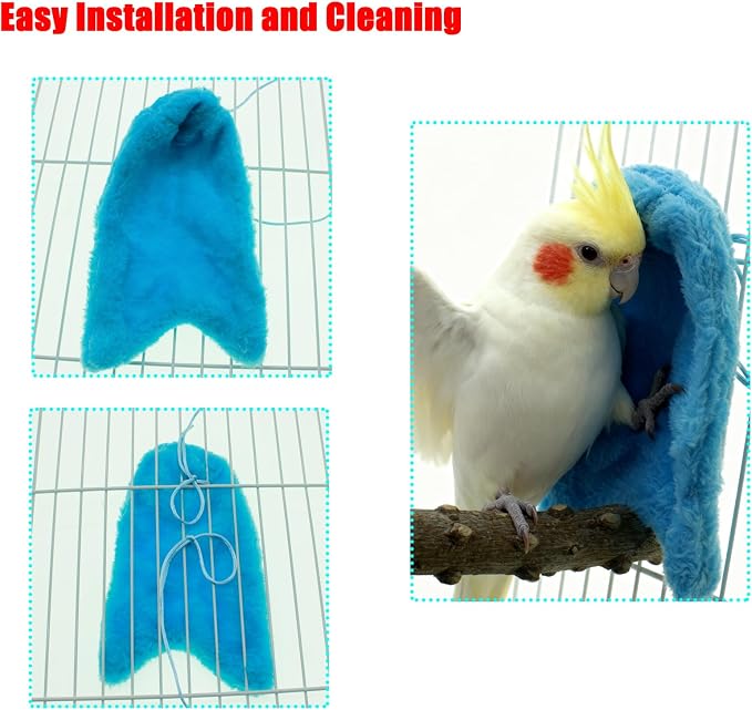 Corner Fleece Bird Blanket Cozy Bird Bed Warmer Parrot House Cage Snuggle Hut Bed Hanging Hammock Toy for Parakeet Cockatiel Conure Pigeon Lovebirds Small Animals Shelter Plush Bedding(Blue/M)
