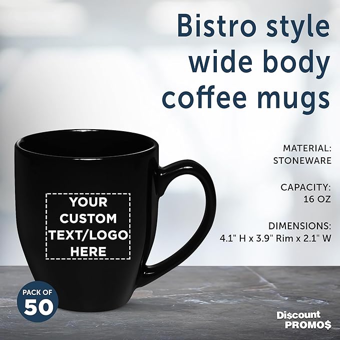 Custom Large Coffee Cups 16 oz. Set of 50, Personalized Bulk Pack - Perfect for Tea, Espresso, Cappuccino, Hot Cocoa - Black
