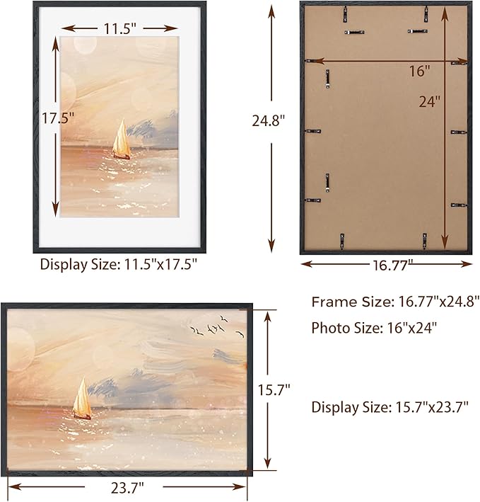 16x24 Wood Picture Frame, Real Oak Wood 16 x24 Frame for Wall, 16x24 Inch Poster Frame, 16x24 Picture Frame Matted to 12x18, 16 by 24 Wooden Frame, Black Color, 1 Pack