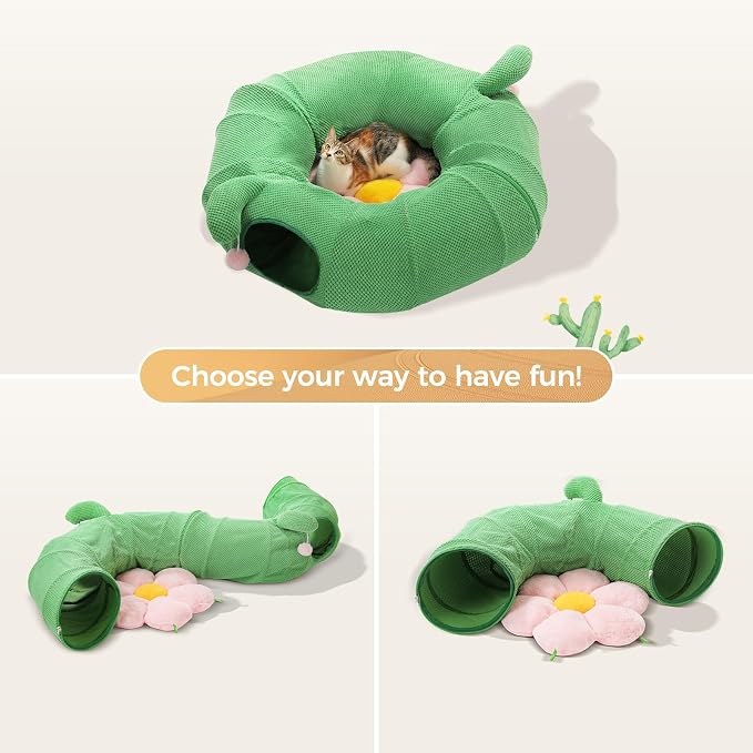 PEQULTI Flower Donut Cat Tunnel Bed Washable Plush Mat Multi for Small Pets | Round play tube with soft detachable plush mat, multi-pet toy fit indoor cats, kittens, puppies, rabbits and ferrets