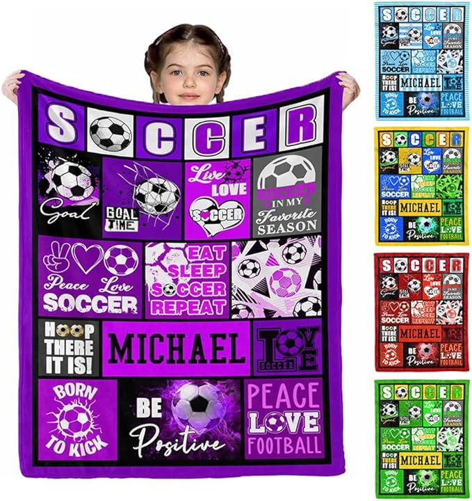 D-Story Personalized Custom Blankets with Name, Monogrammed Soccer Blanket Gifts for Kids & Baby