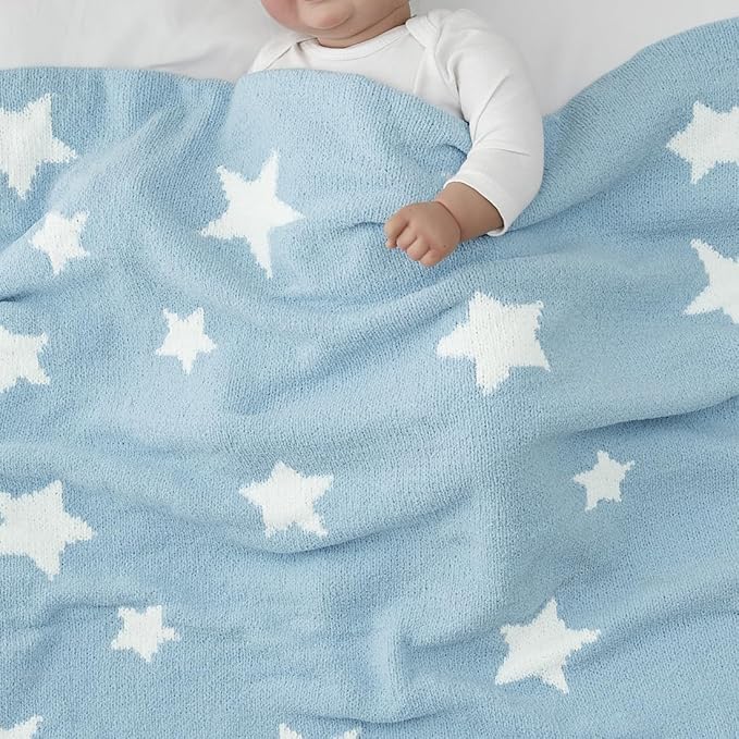 CREVENT 30"X40" Cozy Soft Warm Chenille Baby Blanket for Girls Boys, Newborn Essentials for Infant, Baby Shower Receiving Gift - Blue Star
