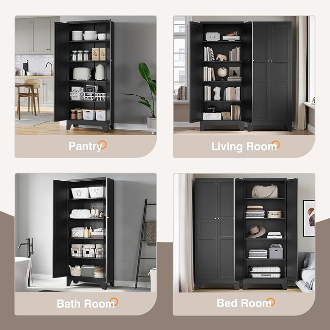Yizosh Metal Storage Cabinet with 2 Doors and 4 Adjustable Shelves,- 72" Black Kitchen Pantry Storage Cabinet for Kitchen,Living Room,Dining Room