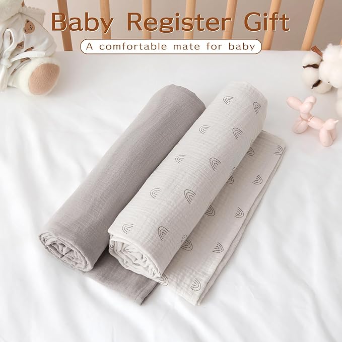 DaysU Muslin Swaddle Blankets, Receiving Blanket for Boy Girl, Cotton Muslin Swaddling Baby Blankets for Unisex Newborns Nursery, 2 Pack, 47”x47”-Rainbow+Milk Coffee