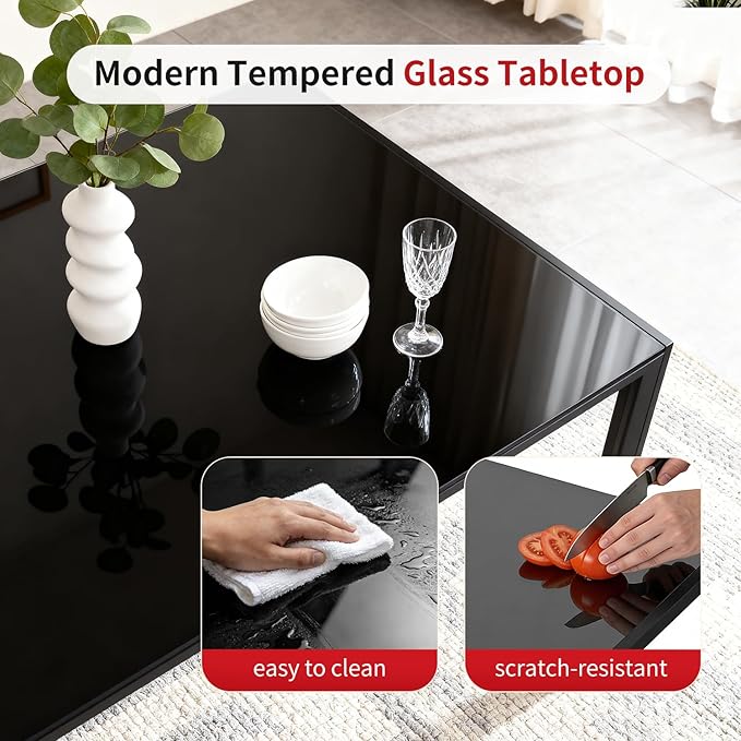 FDW | Dining Table for 4-6 People | Black | 47 Inch Rectangular Glass Kitchen Table | Space-Saving and Modern Design | for Dining Room, Easy to Assemble
