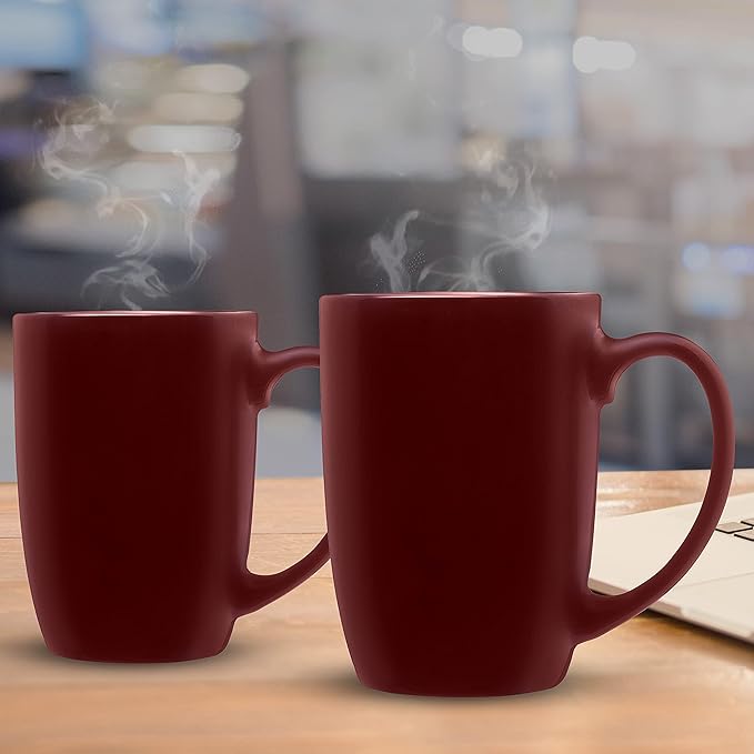DISCOUNT PROMOS 10 Large Mocha Glossy Ceramic Coffee Mugs Set, 16 oz. - Stoneware, Smooth, Durable, C-handle - Maroon