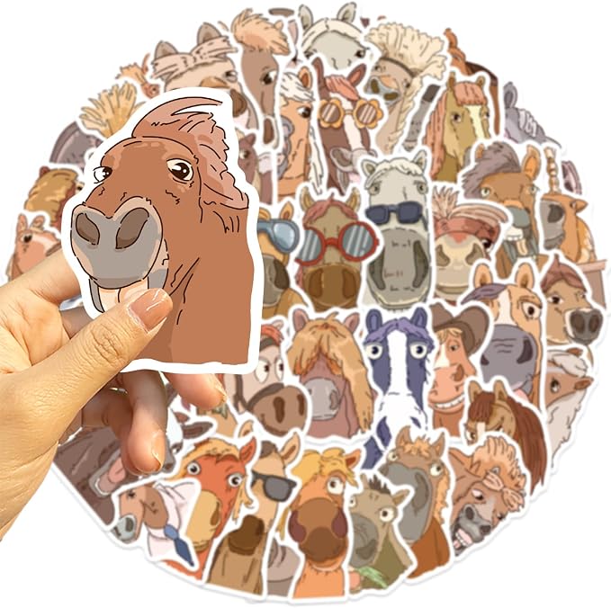 50Pcs Funny Horse Sticker Pack for Kids Teens Adults, Vinyl Cartoon Animals Decals Kawaii Meme Sticker for Decor Water Bottles Laptops Guitar Scrapbook (Horse)