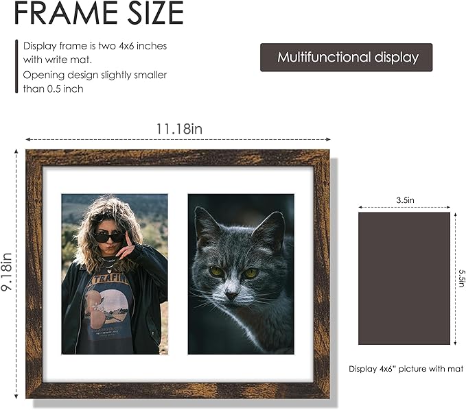 8x10 Double Picture Frame For Displaying Double 4x6 Picture Frame for Wall Mounting or Tabletop, Brown.