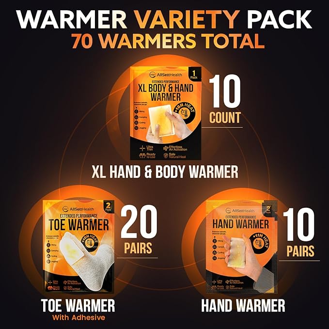 Hand Warmers Variety Set - 70 Count Ultimate Value Pack – 10 XL Body Warmers, 10 Pairs Hand Warmers, 20 Pairs Toe Warmers with Adhesive – Air Activated Heat Packs for Cold Weather and Outdoors