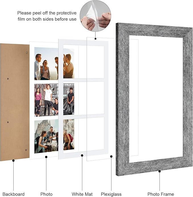 8x16 Picture Frame Display 3 opening Picture Frame 5x7 Collage,Multi Photo Frame with Mat,Plexiglass,Horizontal and Vertical Formats for Wall Decor,Grey Wood Grain
