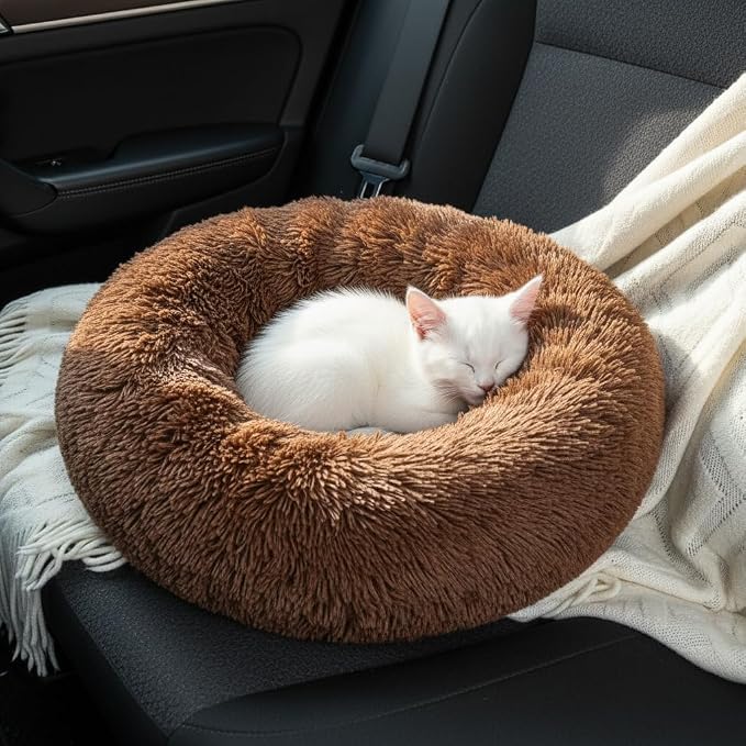 Soft Plush Round Pet Bed for Cats or Small Dogs, Mini Sized Dog Cat Bed | Soft Long Shag Faux Fur, Warming Cushion, Anti Slip Water Resistant Base, Machine Washable for Kittens, Ferret, Bunny Pets