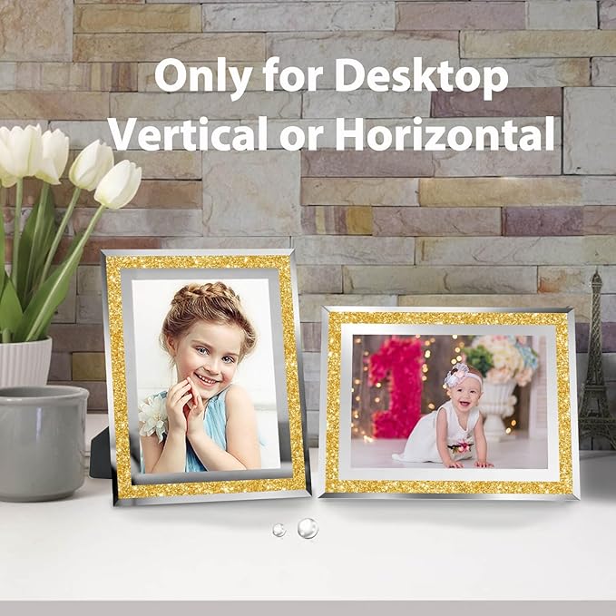 4x6 Picture Frames Gold - Set of 4, Sparkle Real Glass 4 by 6 Photo Frame with Silver Mirrored Edge, for Tabletop Display, Wedding Birthday Christmas Day Gifts (4 x 6, Glitter Gold)