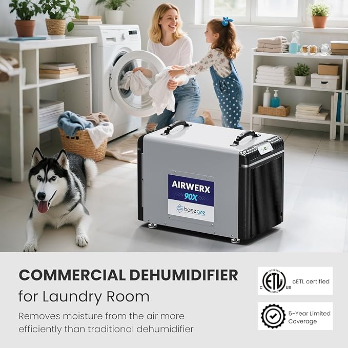 BaseAire 198 Pints Dehumidifier with Pump for Crawl Space, Basement, Portable AirWerx90X Commercial Dehumidifier for Whole Home, Intelligent Humidity Control, Auto Shut off Restart
