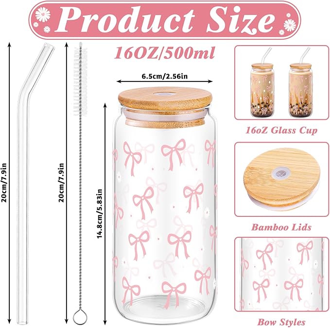 2 Pcs Coquette Pink Bow Glasses Cups, 16oz Cute Bow Glass Cups with Lid Brush and Straw Aesthetic Iced Coffee Cup, Girly Preppy Design Glasses Drinking for Teen Girls Women Men Kids Gift Trendy Stuff