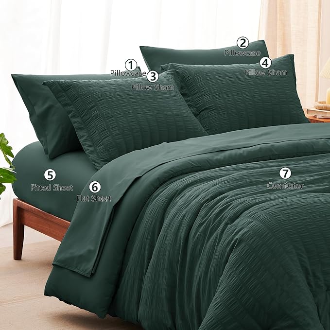 CozyLux Queen Comforter Set Forest Green Seersucker 7 Pieces Bed in a Bag Queen Comforter Set with Sheets, Luxury Bedding Sets with Down Alternative Comforter, Sheets, Pillowcases & Shams All Seasons