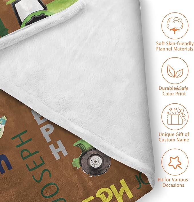 Personalized Tractors Blanket - Custom Name with Farm Tractor Trucks Design - Soft Plush Flannel Bed Blanket for Baby Kid Teen Boys Girls Customized Gifts Brown