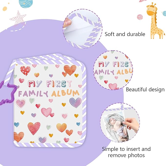 Baby Photo Album, My First Family Soft Photo Album For Baby, Raining Hearts Babies Cloth Photo Book Memory Keepsake Shower, First Year Babies Gift Pictures Holds for Newborn Toddler Kids 5.5x7inches