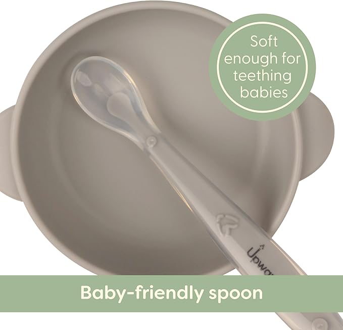 UpwardBaby Silicone Baby Bowls & Spoon Set - 4-Piece Set, Gray, Mint & Blue - Suction Bowls for Baby & Toddler, Dishwasher & Microwave Safe, Self-Feeding Spoon