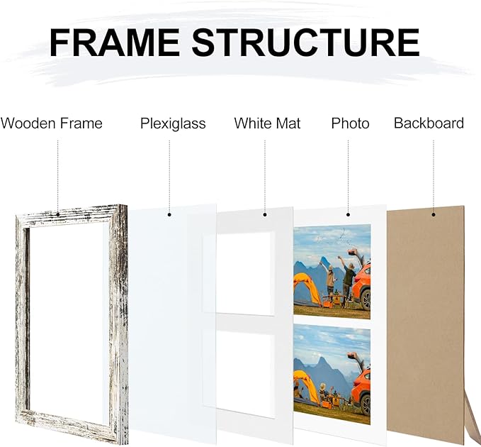 Vittanly 8x10 Collage Picture Frame, Displays 2Pcs 4x6 Pictures with Mat or 1Pcs 8x10 without Mat, Photo Frame for Wall Mounting or Table Top with Stand, Distressed White, 1 Pack