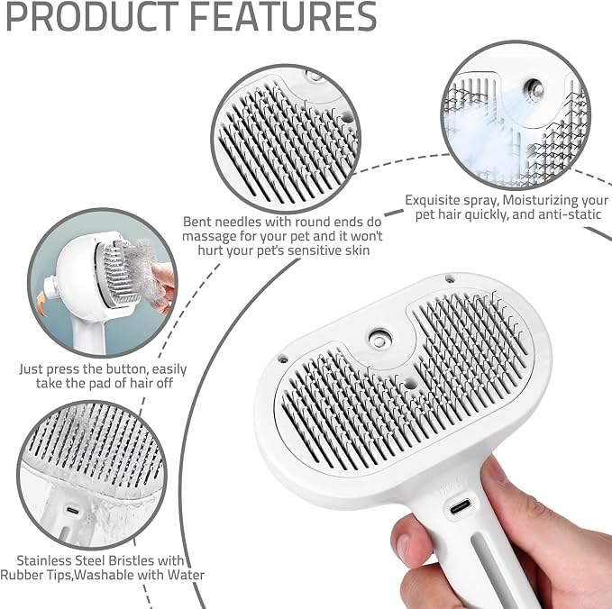 Bunny Ferret Steam Brush Release Button Self Cleaning Spray Comb for Long and Short Hair Cats Rechargeable Steaming Cat Grooming Brush Steamer to Remove Loose Hair (White)
