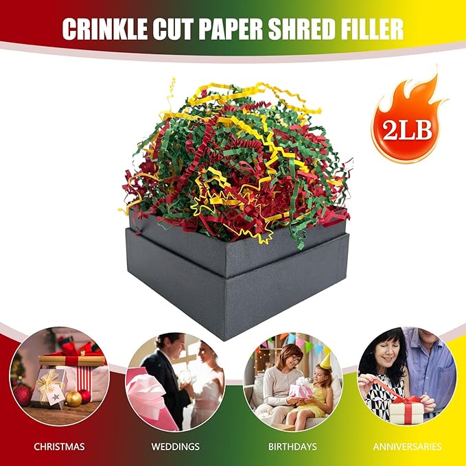 Gold Red Green Crinkle Cut Paper Shred Filler, 2 LB Basket Filler Shredded Paper, Confetti Stuffing for Basket Filling, Mother's Day, Birthdays, Weddings, DIY Gift Wrapping, Stuffer Party Supplies