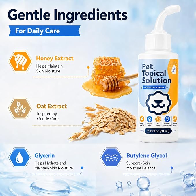 Rabbit Ear & Skin Care Solution with Soft Applicator, 2.03 fl oz | Oat & honey formula with finger wipes and cotton swabs for rabbits, guinea pigs, hamsters & chinchillas
