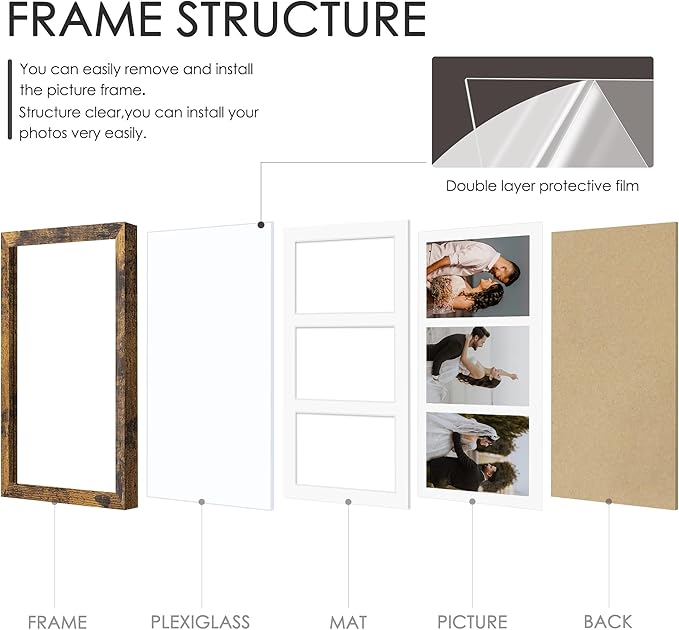 8x16 Collage Picture Frame, 5x7 Collage Picture Frame Displays Three 5x7 inch Photos, or 8x16 (Without Mat) for Available Horizontal Wall Mounting Display and Vertical, Brown.
