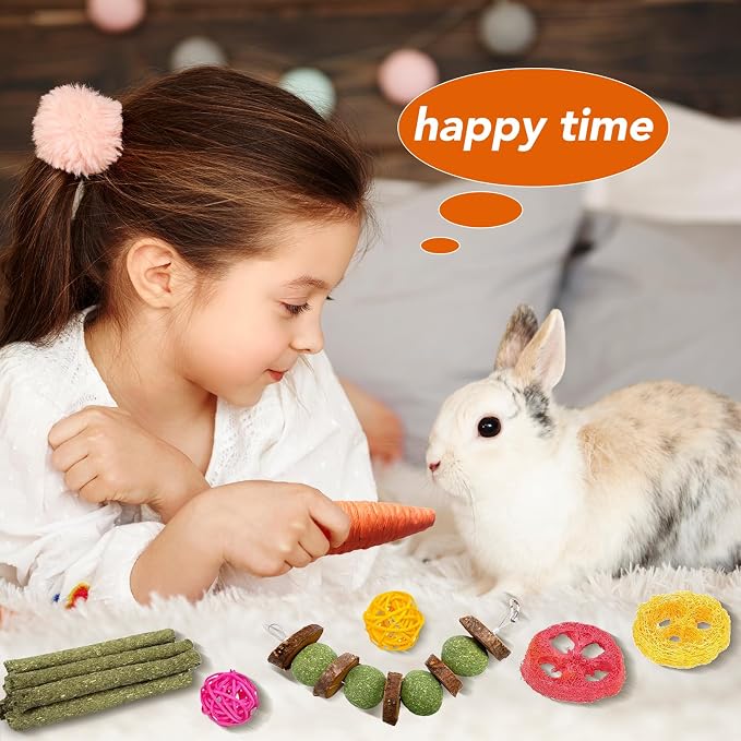 Jorewood 21 Pcs Rabbit Chew Toys for Teeth, Natural Bunny Toys Peach Wood Grass Timothy Sticks Chew and Treat for Guinea Pigs Hamster Chinchillas and Other Small Pets