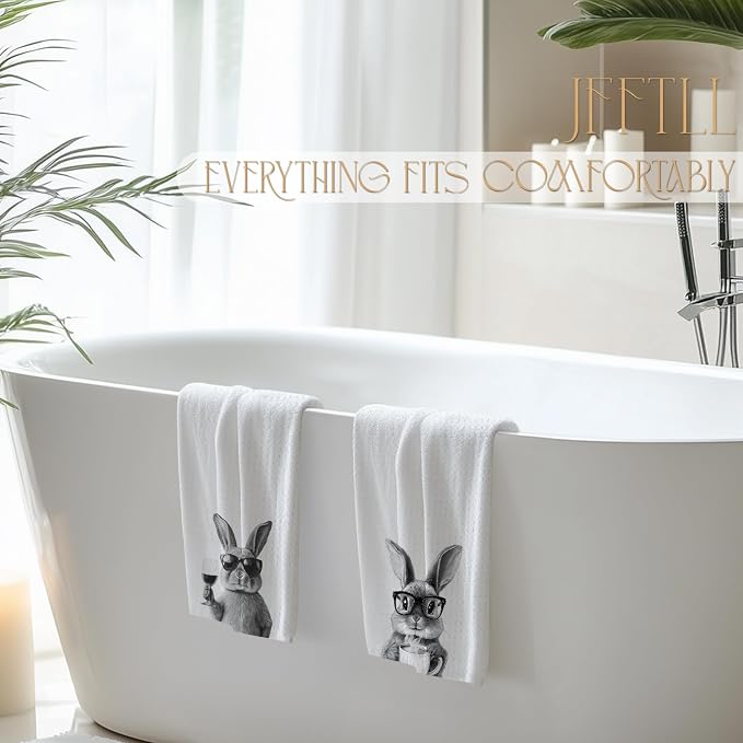 Funny Bunny Kitchen Towels Set of 2, Funny Kitchen Decor, Coffee Station Wine Bar Decor, Black and White Bunny Owner Gift Hand Towel, Dining Room Decorative Tea Towel Dish Towels 16x24 Inch