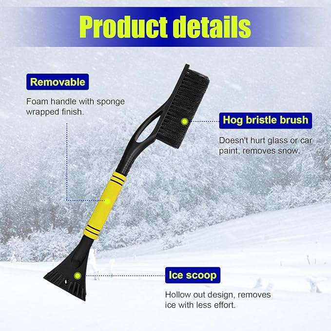 24 Inch Car Snow Scraper and Brush, Detachable Scratch Free Ice Scraper with Ergonomic Foam Grip, Universal Winter Snow Removal Tool for Car Windshield Window (Yellow)