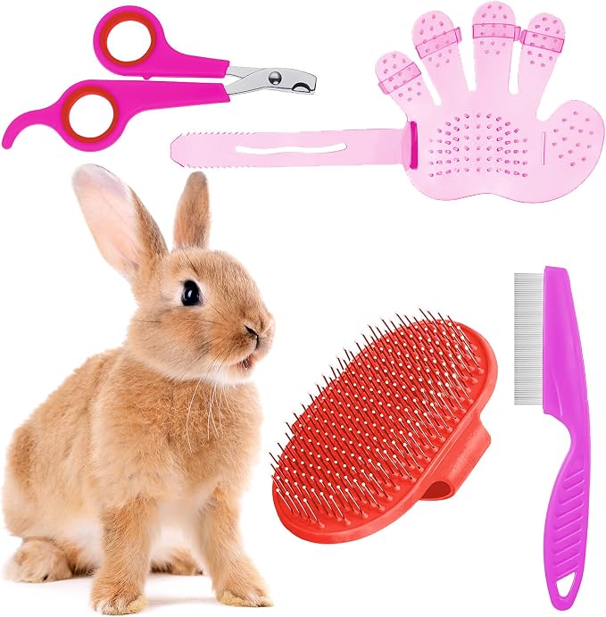 Patelai 4 Pieces Bunny Grooming Kit Rabbit Nail Clipper Rabbit Brush Hair Remover Shampoo Brush with Adjustable Ring Handle for Rabbits Guinea Pig Hamsters Puppy Kitten Hamster Ferret(Pink, Red)