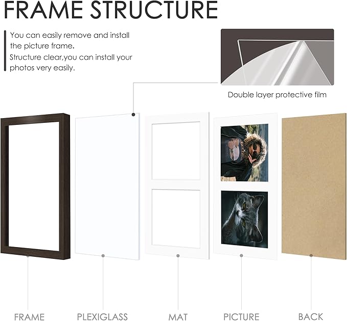 8x10 Double Picture Frame For Displaying Double 4x6 Picture Frame for Wall Mounting or Tabletop, Walnut.