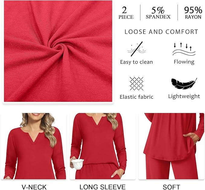 Anyally Women's Plus Size Pajama Sets Ladies Fall Pjs 2 Pieces Lounge Outfits V Neck Long Sleeves Sleepwear with Pockets