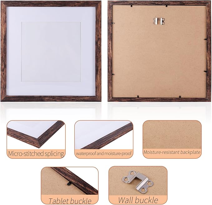 6 Pcs 8x8 Rustic Brown Wood Picture Frame - Display Pictures 5x5 with Mat or 8 x 8 without - Distressed Brown Wooden Photo Frames for Wall Mounting or Table 8 8 Matted to 5x5 Farmhouse Set of 6