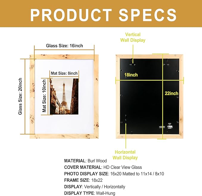 Concepts Set Of 4-16x20 Matted to 11x14 and 8x10 Burl Wood Picture Frames - Natural Wood Finish Picture Frames for Family Photos - Elegant Wallhung Decor in Bulk