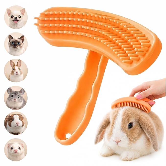 Large Silicone Grooming Brush for Rabbits, Cats & Small Dogs | Rabbit, Cat & Dog Fit | Soft Low-Stimulation Brush | Curved Pet Fit | Daily Bonding | Rinse-Clean Head