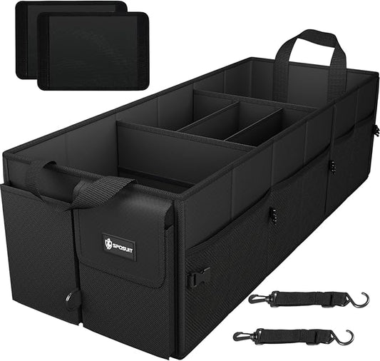 Sposuit Extra Large Trunk Organizer 98L Collapsible Car Storage Trunk Organizer with Removable Dividers & Adjustable Securing Straps for Car SUV Van